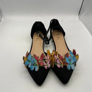 NUYG black pointy toe flats ankle strap butterfies low heels